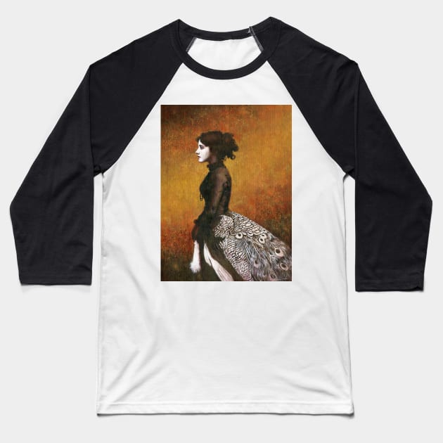 Victorian Peacock Girl Baseball T-Shirt by mictomart